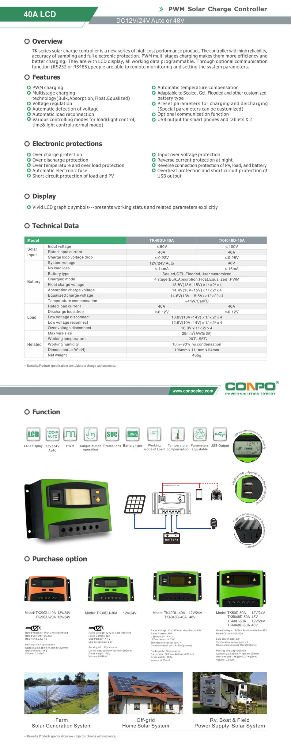 10A~100A, 12V/24V Auto., USB, LCD, PWM Solar Charger Controller